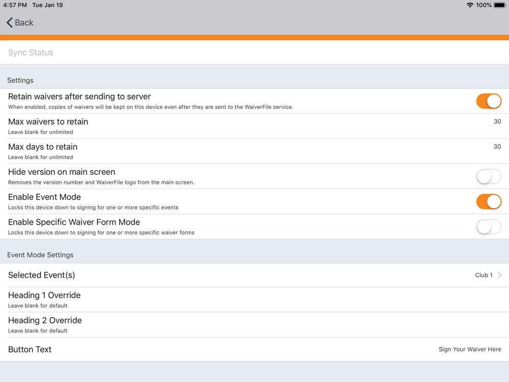 WaiverFile Event Mode Settings Screen
