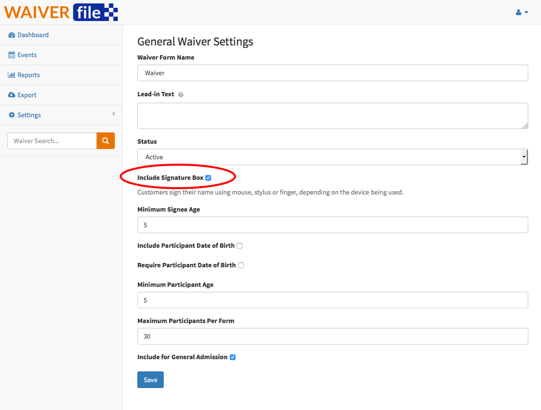 WaiverFile settings screen view